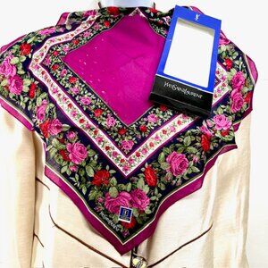 New In Box Yves Saint Laurent Cotton MiniScarf/Handker18.5 Burgendy pinkFlora(45